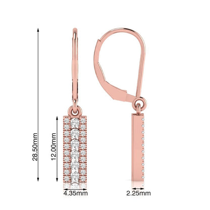 Round lab grown diamond vertical bar drop earrings featuring three rows of round brilliant diamonds in a modern geometric lever back design in rose gold
