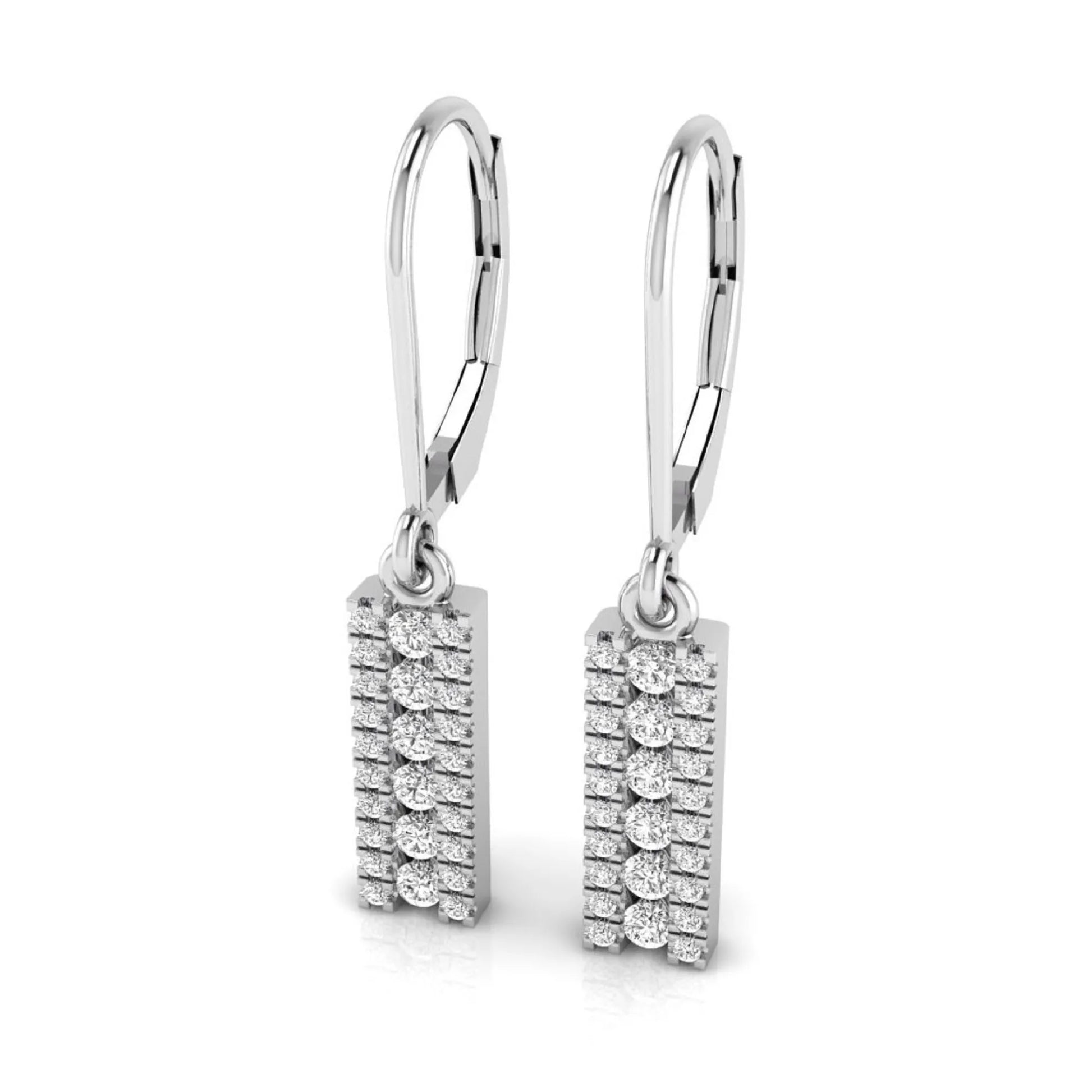 Round lab grown diamond vertical bar drop earrings featuring three rows of round brilliant diamonds in a modern geometric lever back design in white gold