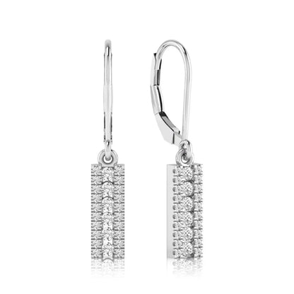 Round lab grown diamond vertical bar drop earrings featuring three rows of round brilliant diamonds in a modern geometric lever back design in white gold