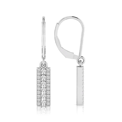 Round lab grown diamond vertical bar drop earrings featuring three rows of round brilliant diamonds in a modern geometric lever back design in white gold