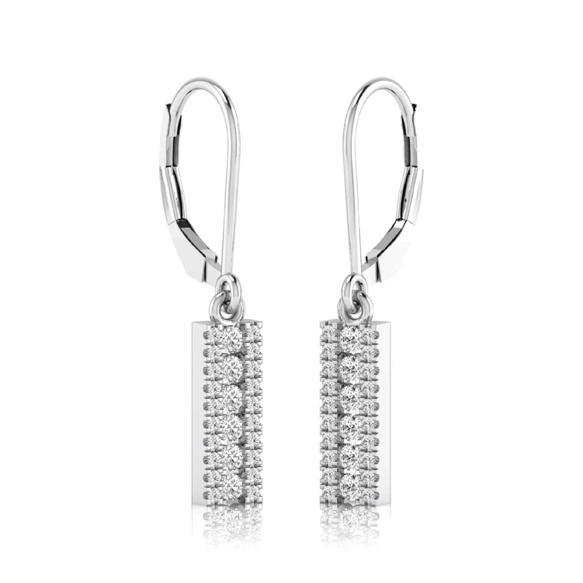 Round lab grown diamond vertical bar drop earrings featuring three rows of round brilliant diamonds in a modern geometric lever back design in white gold