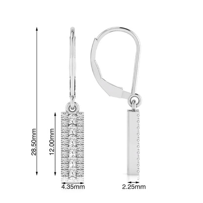 Round lab grown diamond vertical bar drop earrings featuring three rows of round brilliant diamonds in a modern geometric lever back design in white gold