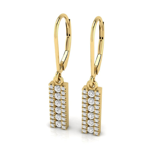 Round lab grown diamond vertical bar drop earrings featuring three rows of round brilliant diamonds in a modern geometric lever back design in yellow gold