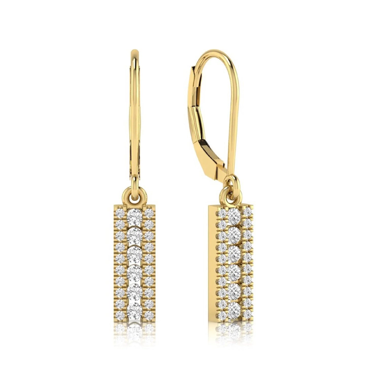 Round lab grown diamond vertical bar drop earrings featuring three rows of round brilliant diamonds in a modern geometric lever back design in yellow gold