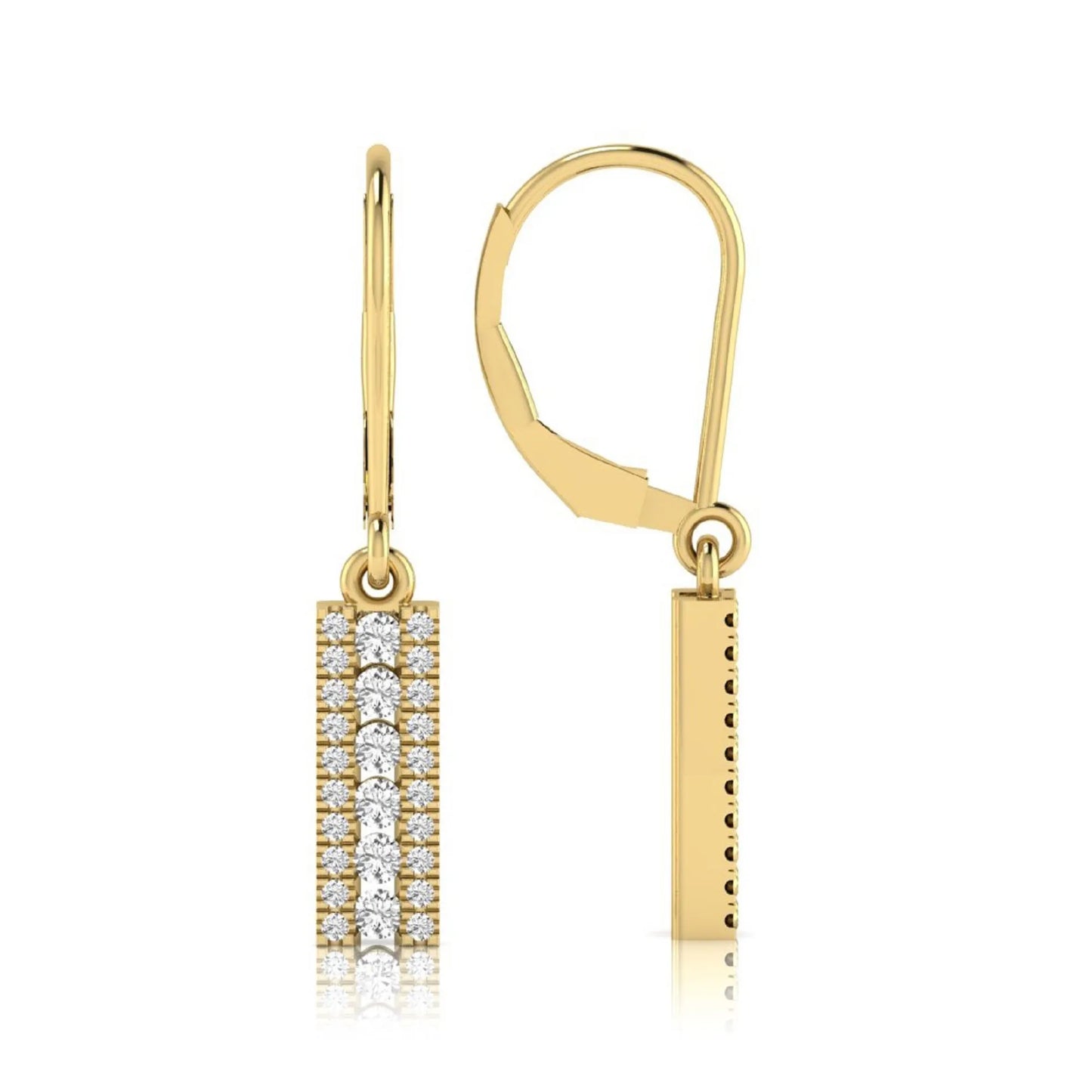 Round lab grown diamond vertical bar drop earrings featuring three rows of round brilliant diamonds in a modern geometric lever back design in yellow gold