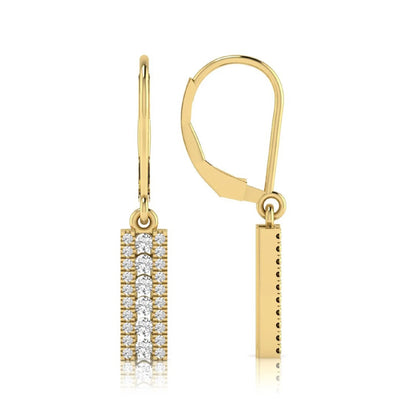Round lab grown diamond vertical bar drop earrings featuring three rows of round brilliant diamonds in a modern geometric lever back design in yellow gold