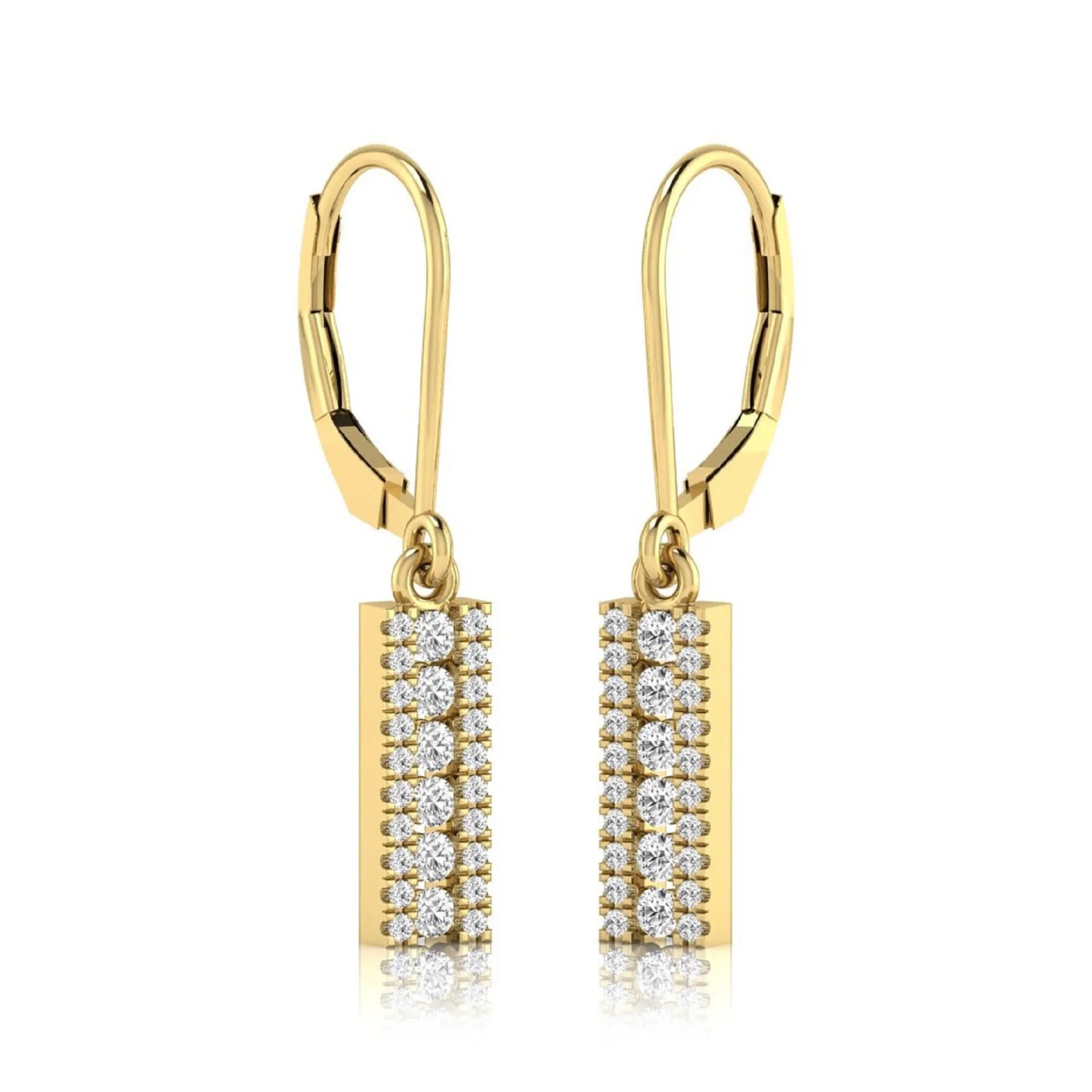 Round lab grown diamond vertical bar drop earrings featuring three rows of round brilliant diamonds in a modern geometric lever back design in yellow gold