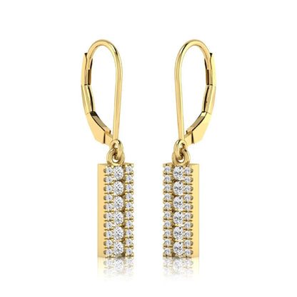 Round lab grown diamond vertical bar drop earrings featuring three rows of round brilliant diamonds in a modern geometric lever back design in yellow gold