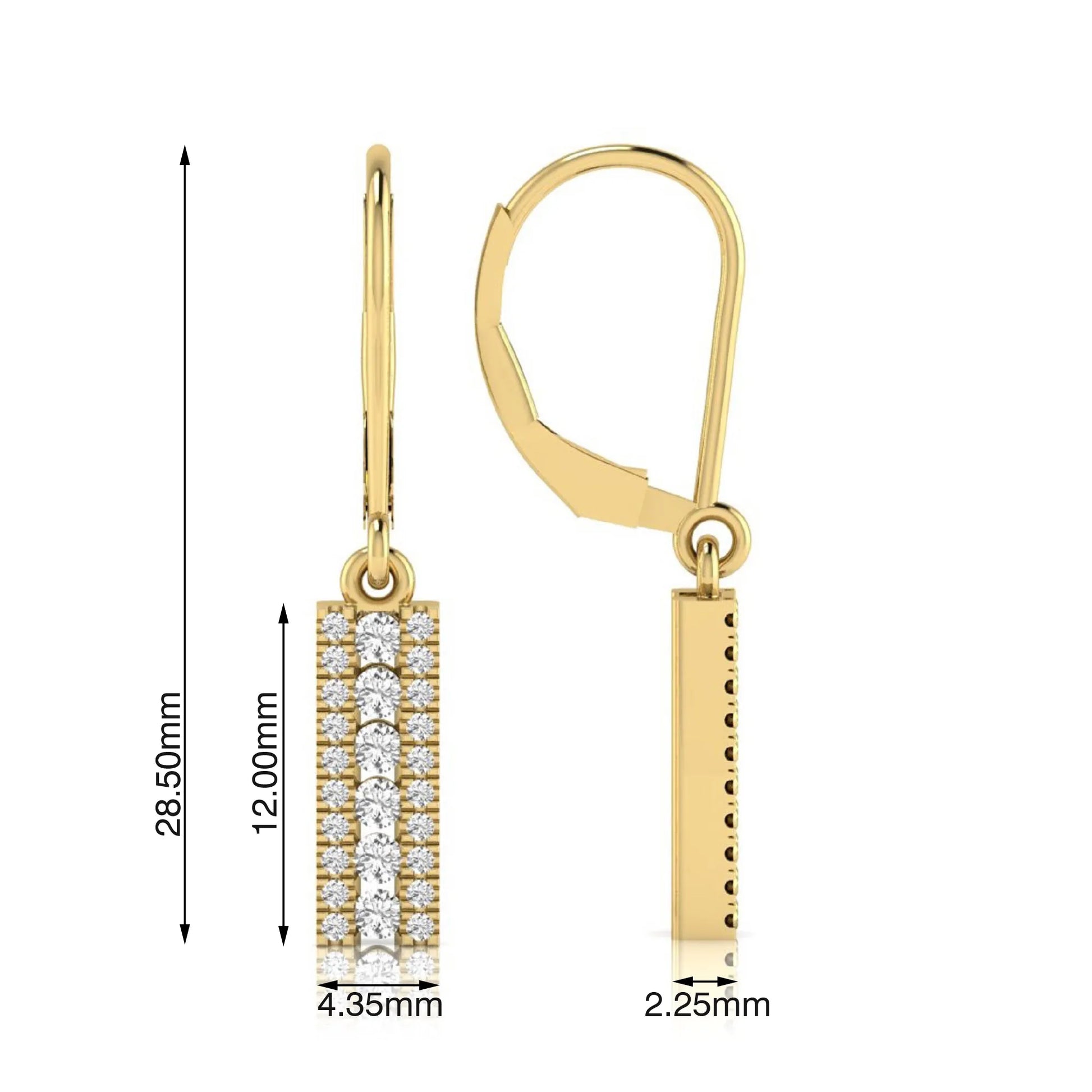 Round lab grown diamond vertical bar drop earrings featuring three rows of round brilliant diamonds in a modern geometric lever back design in yellow gold