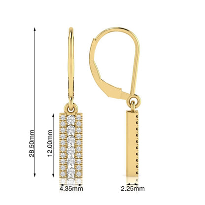 Round lab grown diamond vertical bar drop earrings featuring three rows of round brilliant diamonds in a modern geometric lever back design in yellow gold