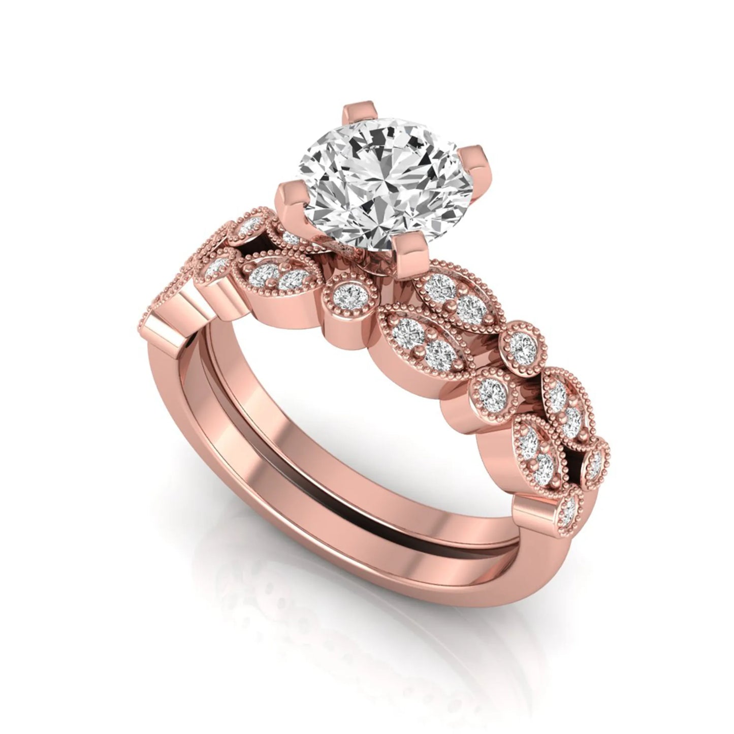 Round milgrain vintage lab grown diamond bridal ring set featuring a 1.28 carat IGI certified round center diamond with matching vintage-inspired diamond wedding band in a rose gold design.