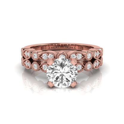 Round milgrain vintage lab grown diamond bridal ring set featuring a 1.28 carat IGI certified round center diamond with matching vintage-inspired diamond wedding band in a rose gold design.