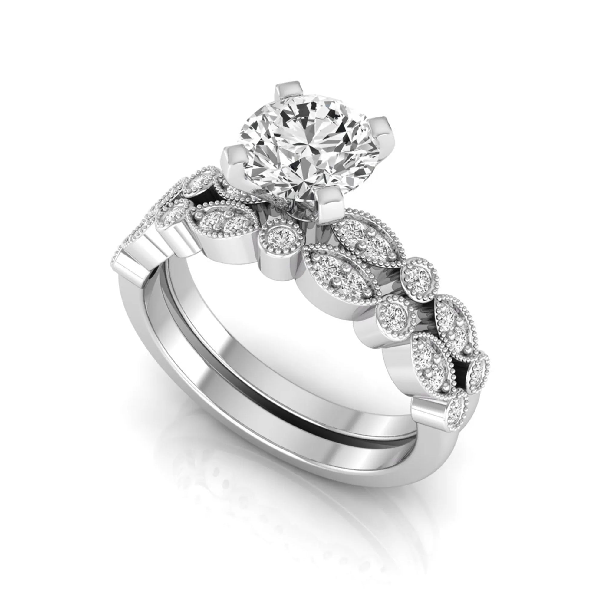 Round milgrain vintage lab grown diamond bridal ring set featuring a 1.28 carat IGI certified round center diamond with matching vintage-inspired diamond wedding band in a white gold design.