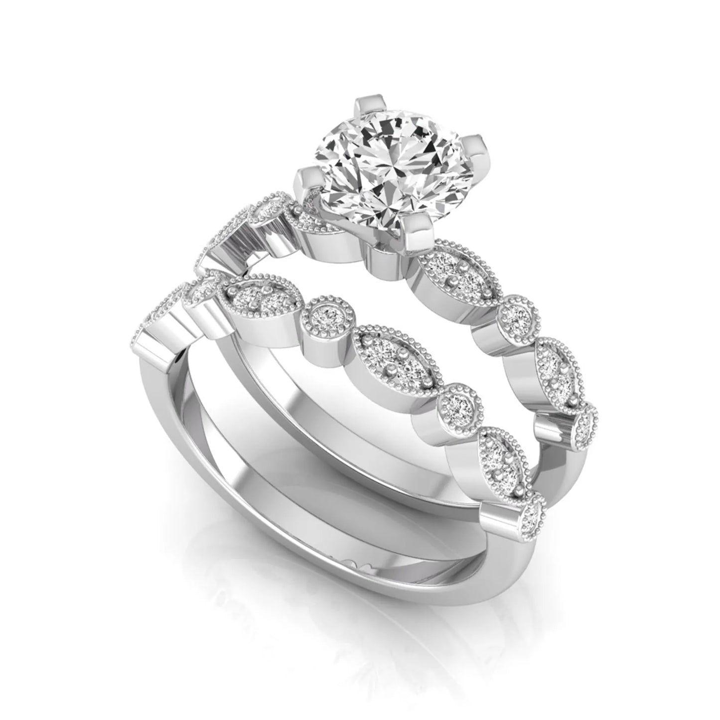 Round milgrain vintage lab grown diamond bridal ring set featuring a 1.28 carat IGI certified round center diamond with matching vintage-inspired diamond wedding band in a white gold design.