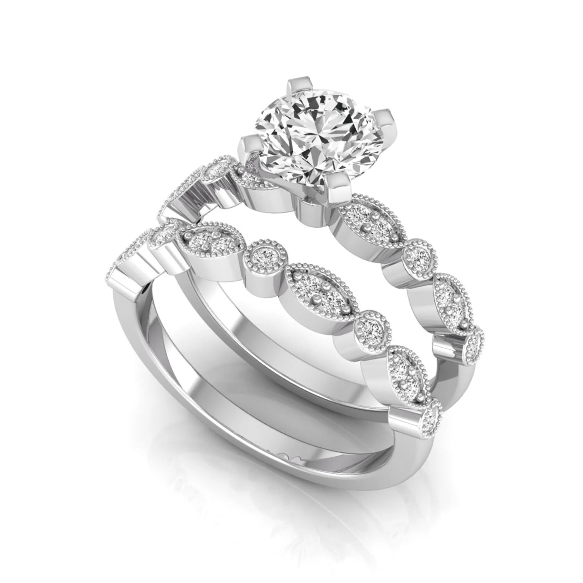 Round milgrain vintage lab grown diamond bridal ring set featuring a 1.28 carat IGI certified round center diamond with matching vintage-inspired diamond wedding band in a white gold design.