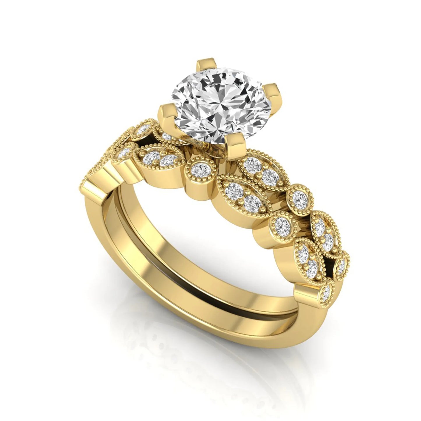 Round milgrain vintage lab grown diamond bridal ring set featuring a 1.28 carat IGI certified round center diamond with matching vintage-inspired diamond wedding band in a yellow gold design.