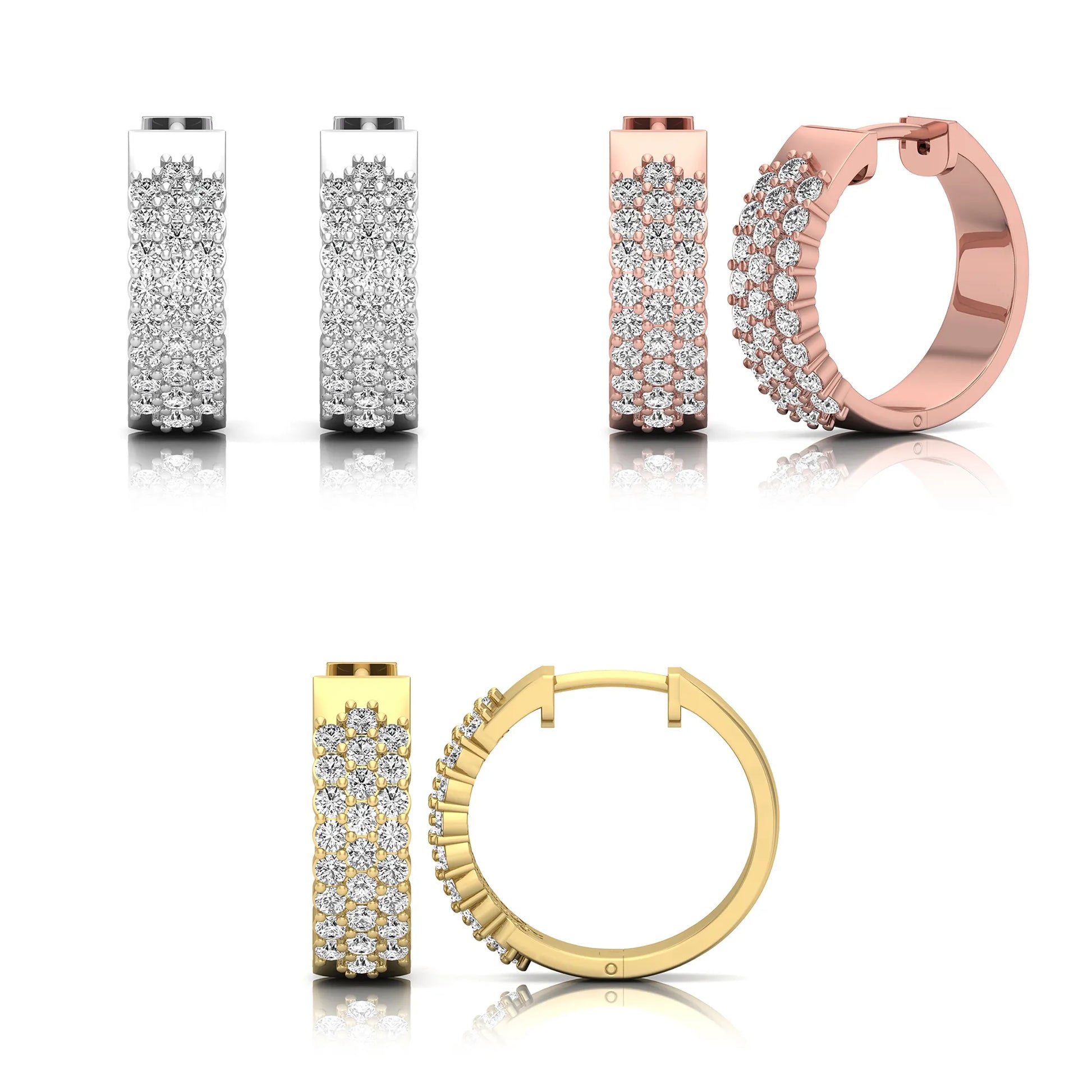 Set of gold and rose hoop earrings with diamond accents on a white background