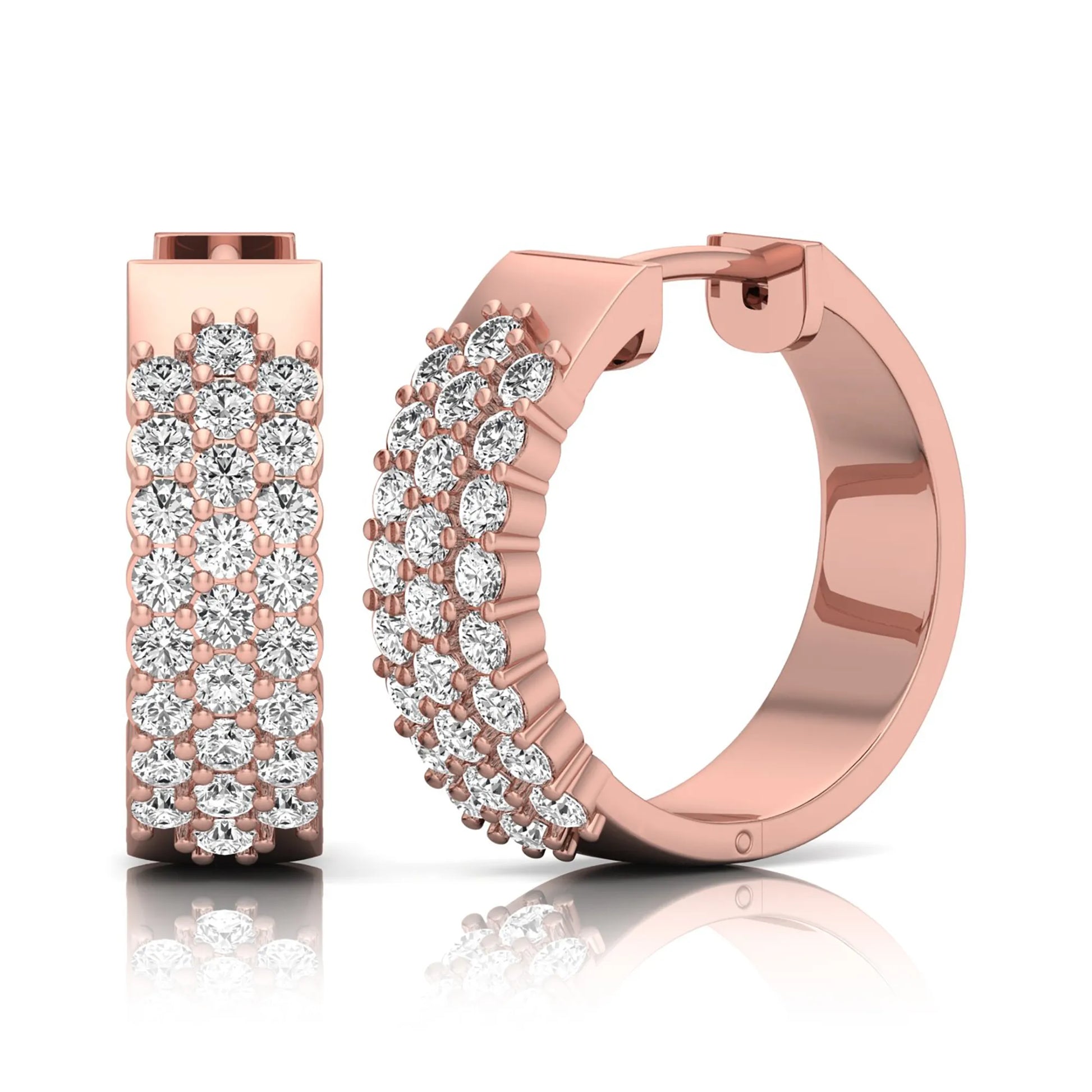rose gold Round cut lab grown diamond multi-row hoop earrings with hinged hoop closure