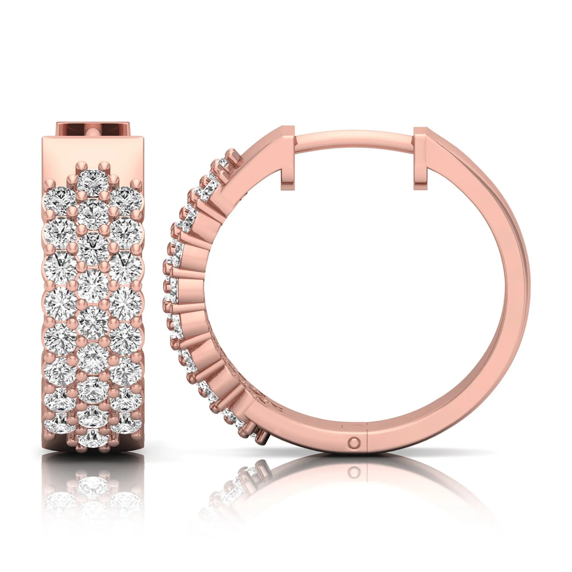 rose gold Round cut lab grown diamond multi-row hoop earrings with hinged hoop closure
