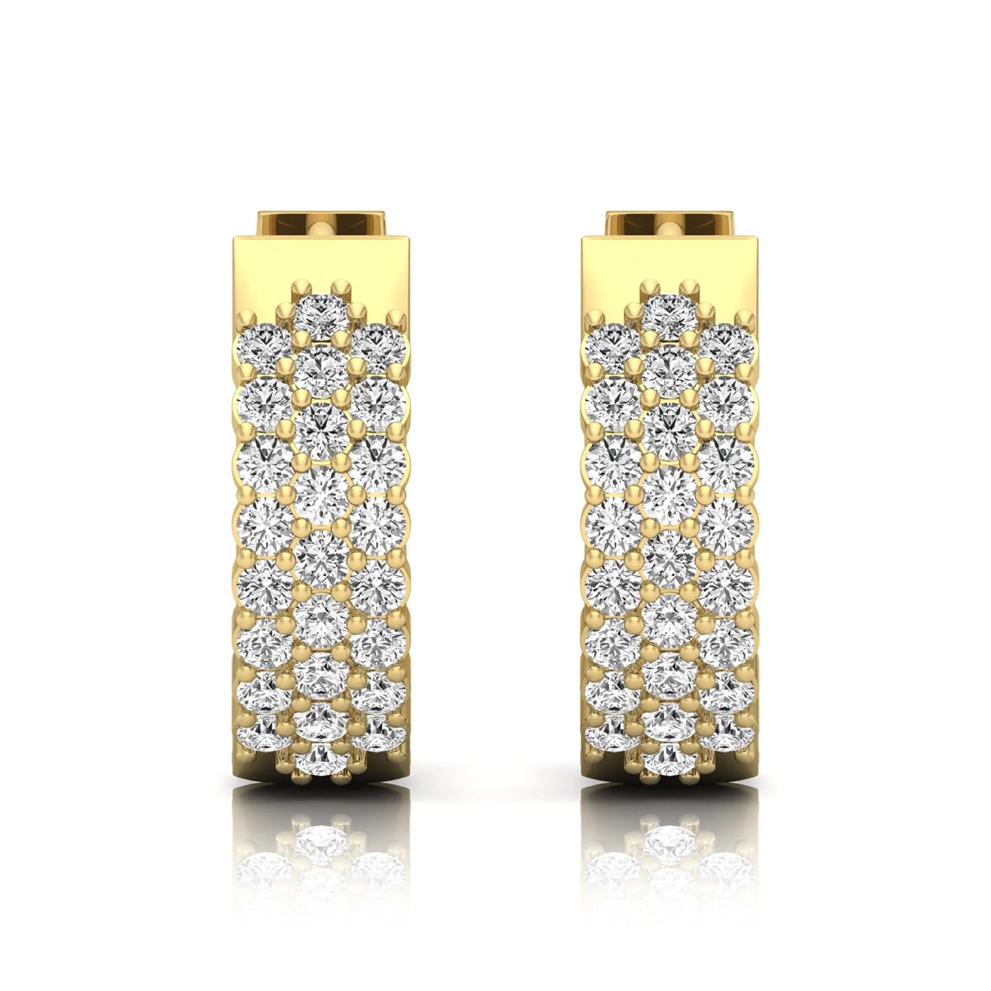 yellow gold Round cut lab grown diamond multi-row hoop earrings with hinged hoop closure