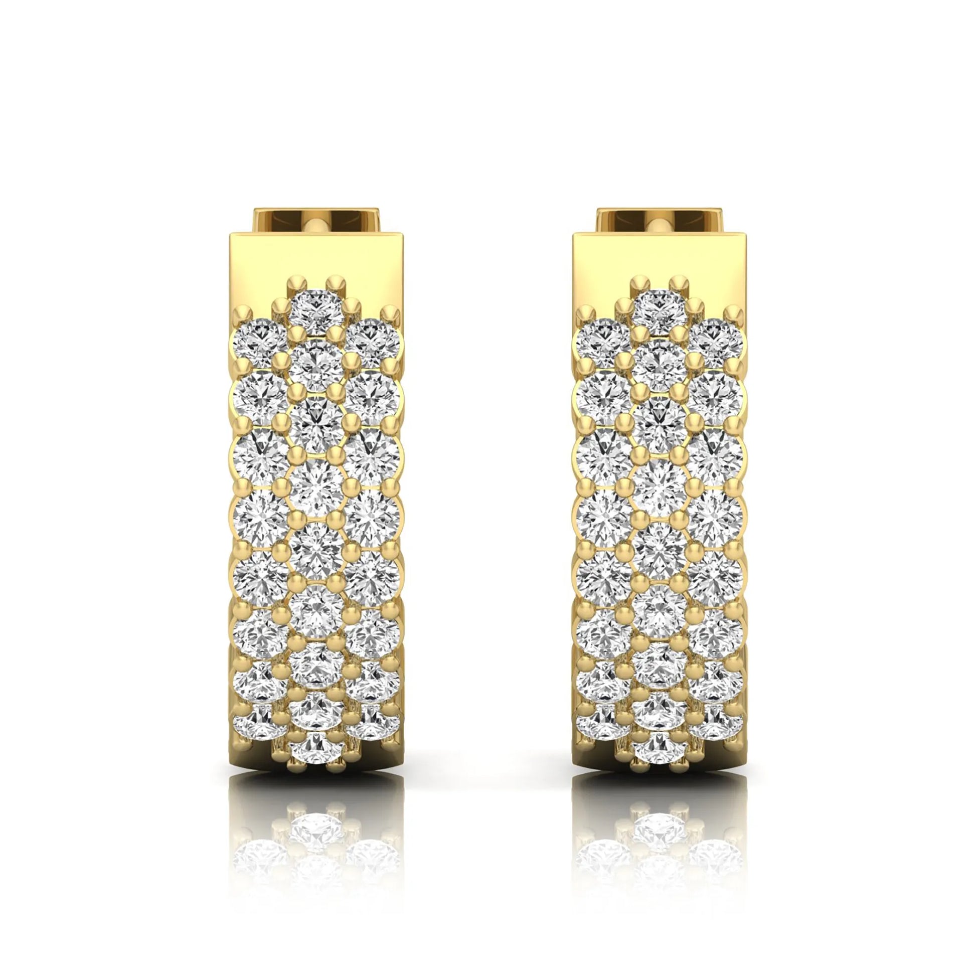 yellow gold Round cut lab grown diamond multi-row hoop earrings with hinged hoop closure
