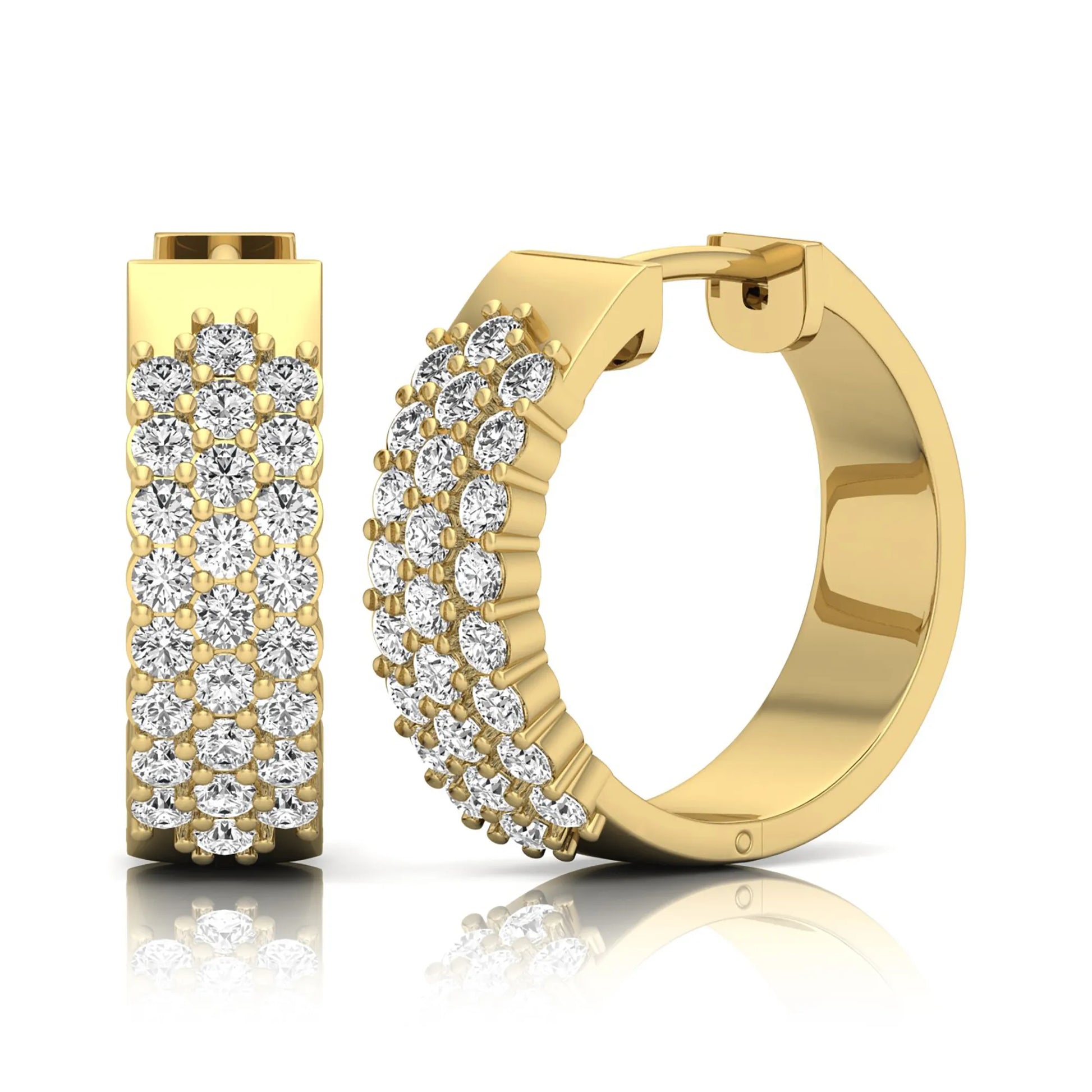 yellow gold Round cut lab grown diamond multi-row hoop earrings with hinged hoop closure