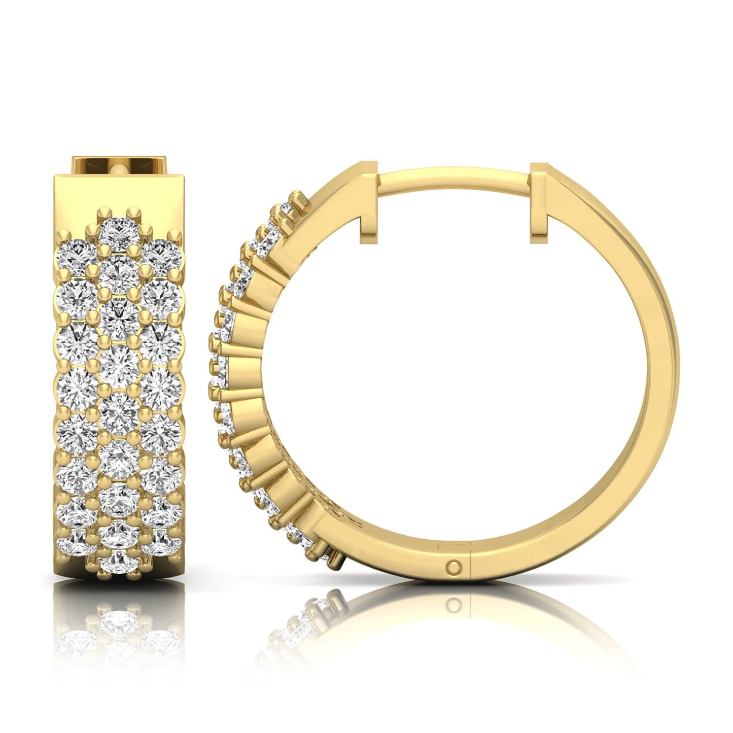 yellow gold Round cut lab grown diamond multi-row hoop earrings with hinged hoop closure