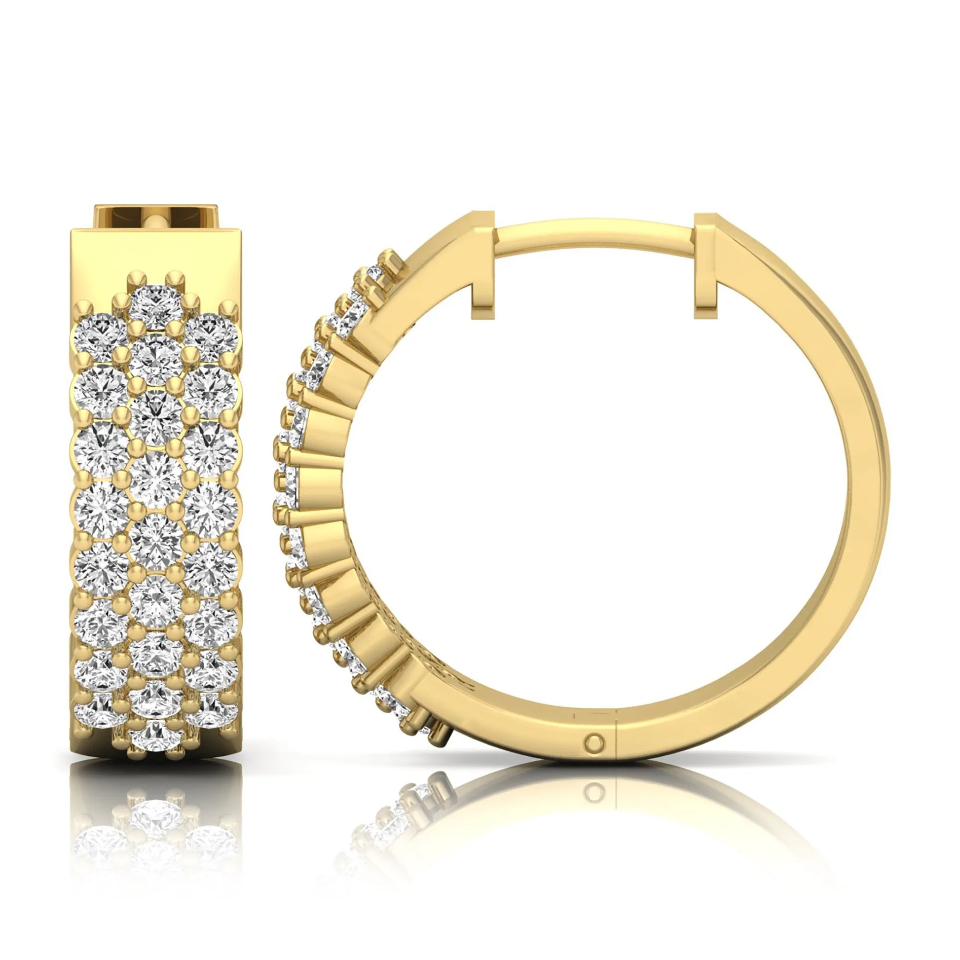 yellow gold Round cut lab grown diamond multi-row hoop earrings with hinged hoop closure