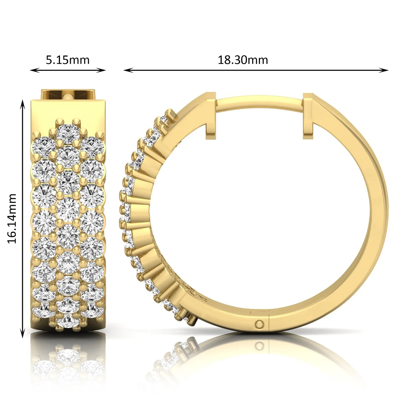 yellow gold Round cut lab grown diamond multi-row hoop earrings with hinged hoop closure
