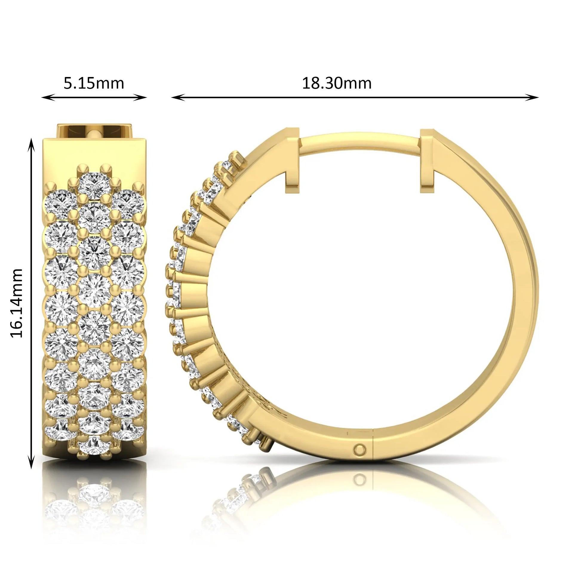 yellow gold Round cut lab grown diamond multi-row hoop earrings with hinged hoop closure