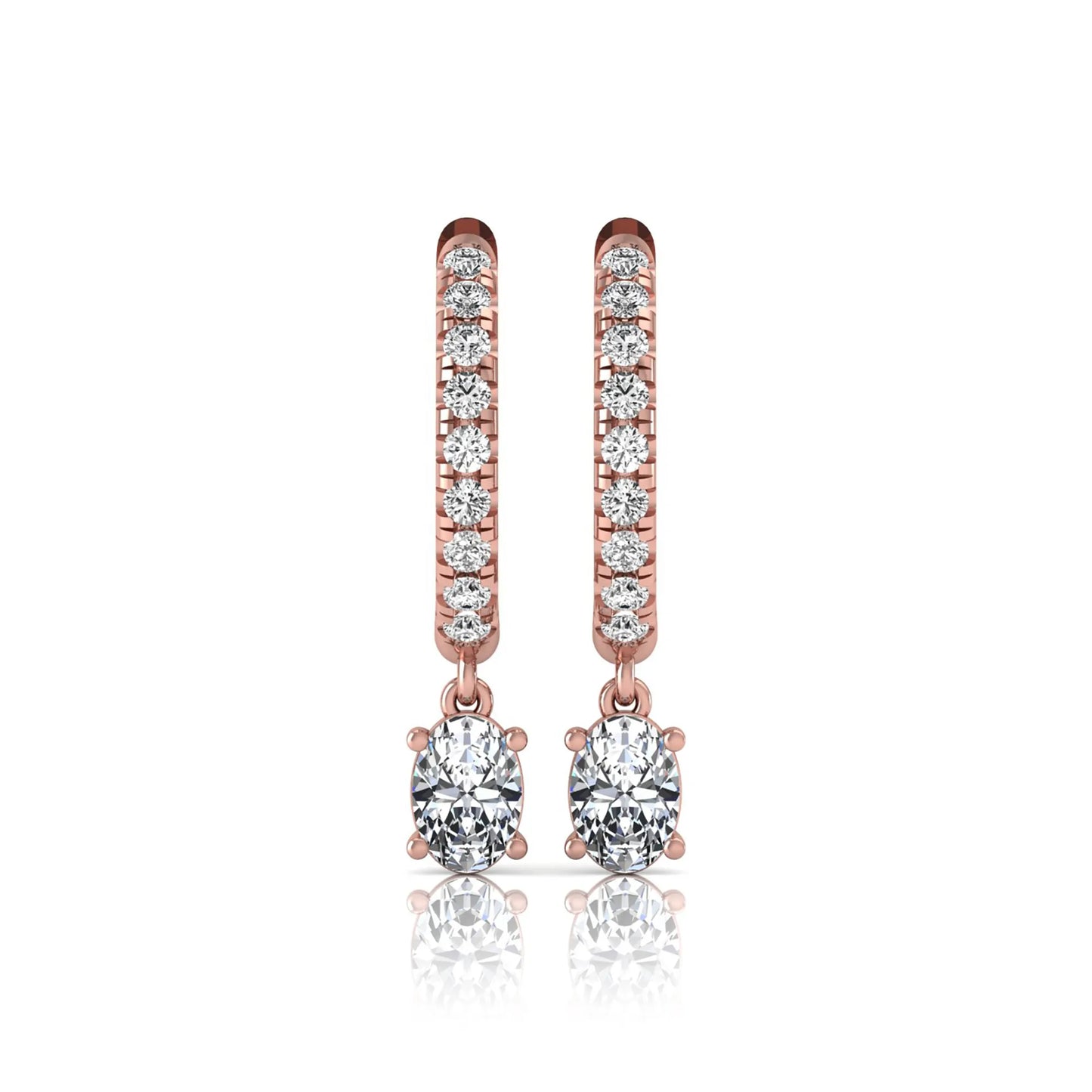 Round and oval cut lab grown diamond pavé drop huggie hoop earrings featuring sparkling round diamonds on the hoop, an oval diamond drop, hinged snap closure, and polished rose gold tone finish.