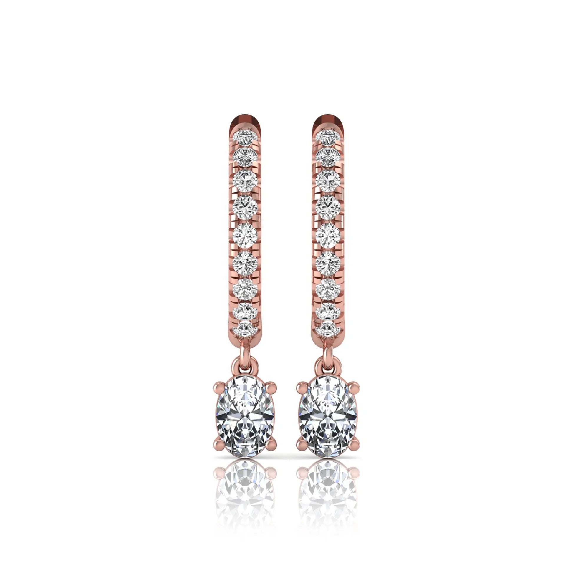 Round and oval cut lab grown diamond pavé drop huggie hoop earrings featuring sparkling round diamonds on the hoop, an oval diamond drop, hinged snap closure, and polished rose gold tone finish.