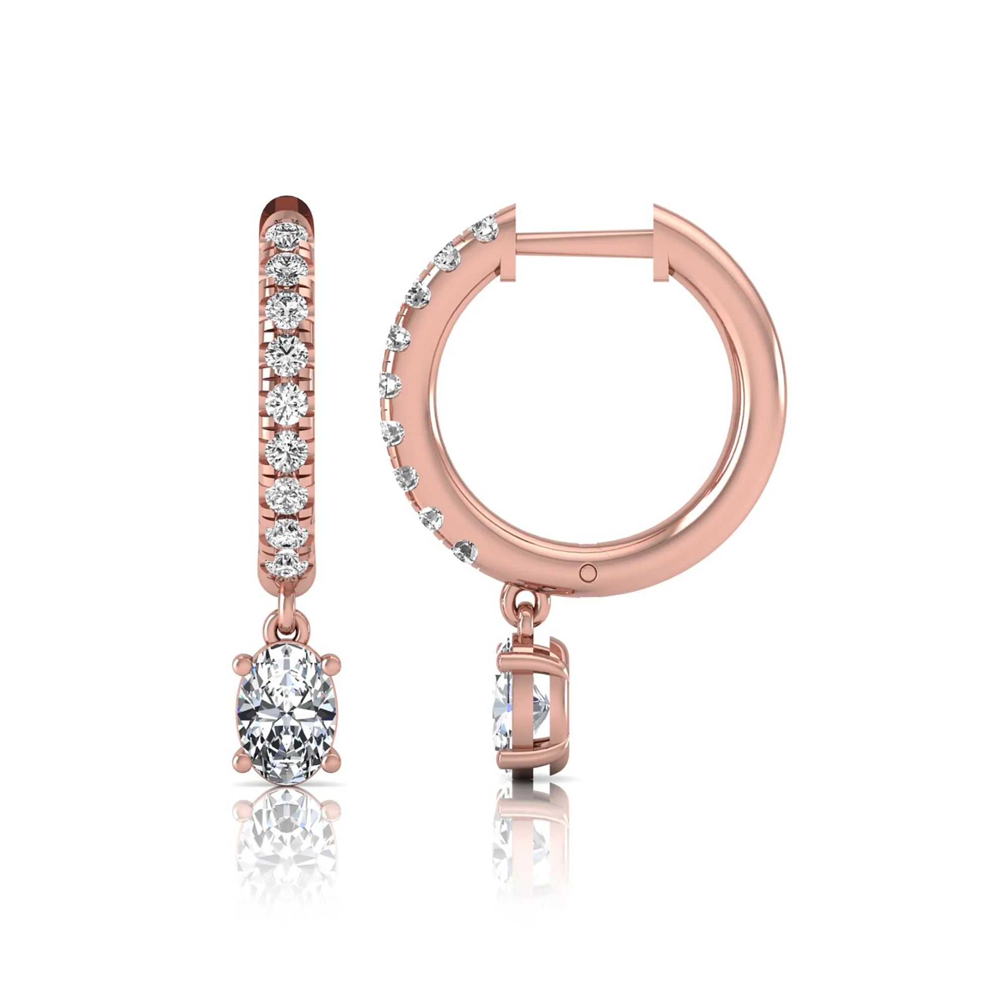Round and oval cut lab grown diamond pavé drop huggie hoop earrings featuring sparkling round diamonds on the hoop, an oval diamond drop, hinged snap closure, and polished rose gold tone finish.