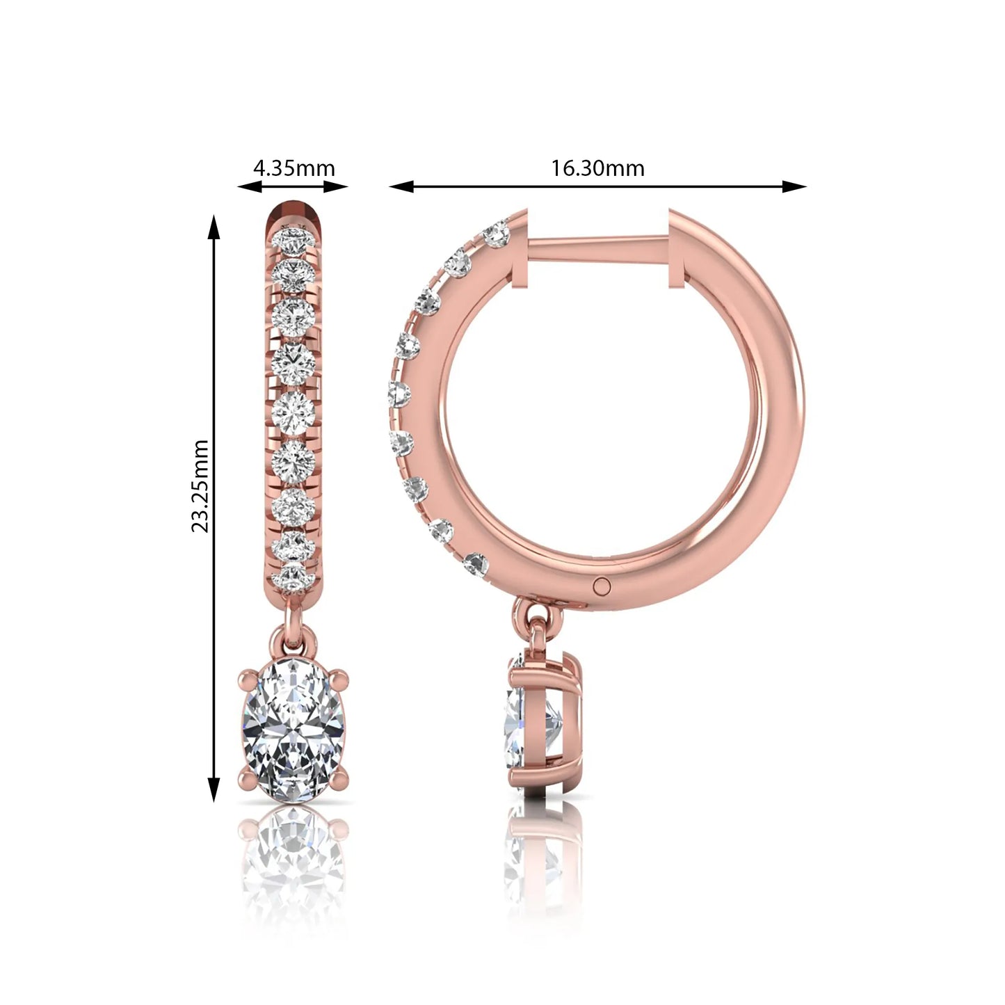 Round and oval cut lab grown diamond pavé drop huggie hoop earrings featuring sparkling round diamonds on the hoop, an oval diamond drop, hinged snap closure, and polished rose gold tone finish.