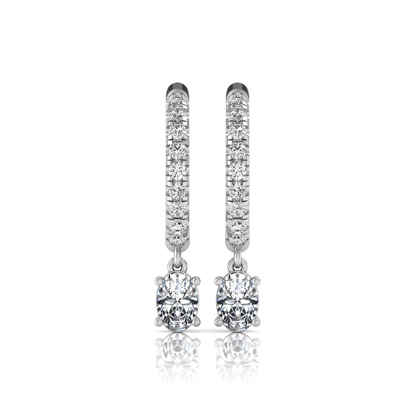 Round and oval cut lab grown diamond pavé drop huggie hoop earrings featuring sparkling round diamonds on the hoop, an oval diamond drop, hinged snap closure, and polished white gold tone finish.