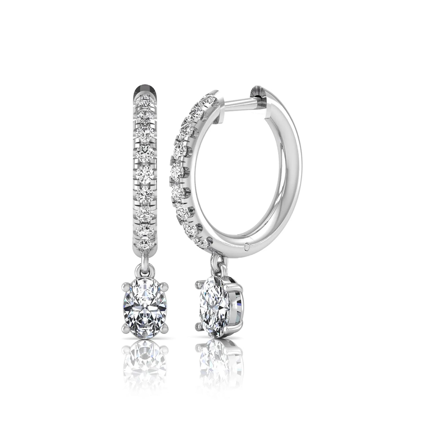 Round and oval cut lab grown diamond pavé drop huggie hoop earrings featuring sparkling round diamonds on the hoop, an oval diamond drop, hinged snap closure, and polished white gold tone finish.