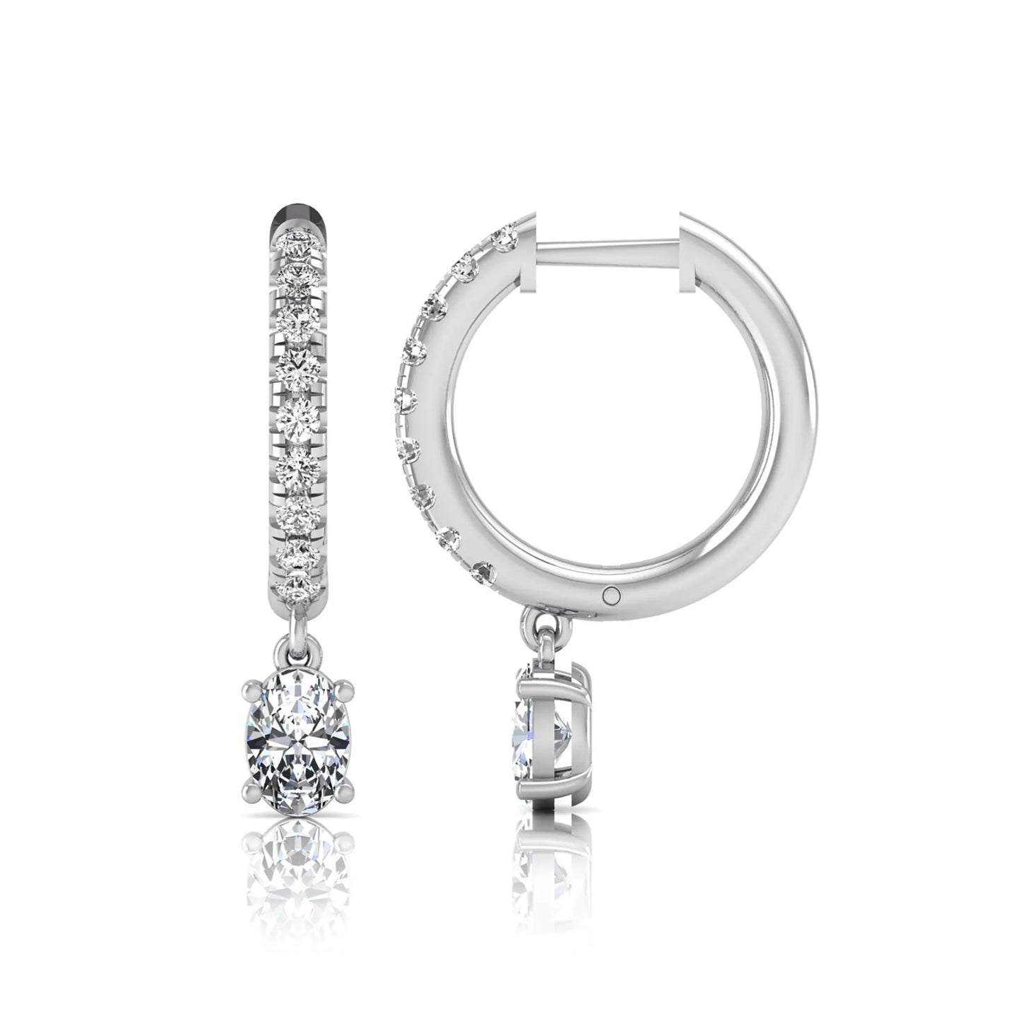 Round and oval cut lab grown diamond pavé drop huggie hoop earrings featuring sparkling round diamonds on the hoop, an oval diamond drop, hinged snap closure, and polished white gold tone finish.