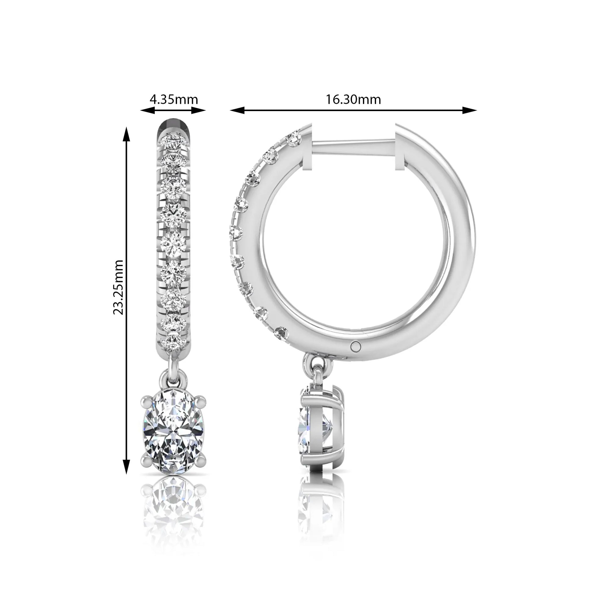 Round and oval cut lab grown diamond pavé drop huggie hoop earrings featuring sparkling round diamonds on the hoop, an oval diamond drop, hinged snap closure, and polished white gold tone finish.