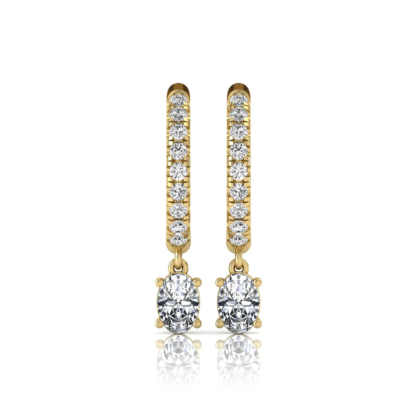 Round and oval cut lab grown diamond pavé drop huggie hoop earrings featuring sparkling round diamonds on the hoop, an oval diamond drop, hinged snap closure, and polished yellow gold tone finish.