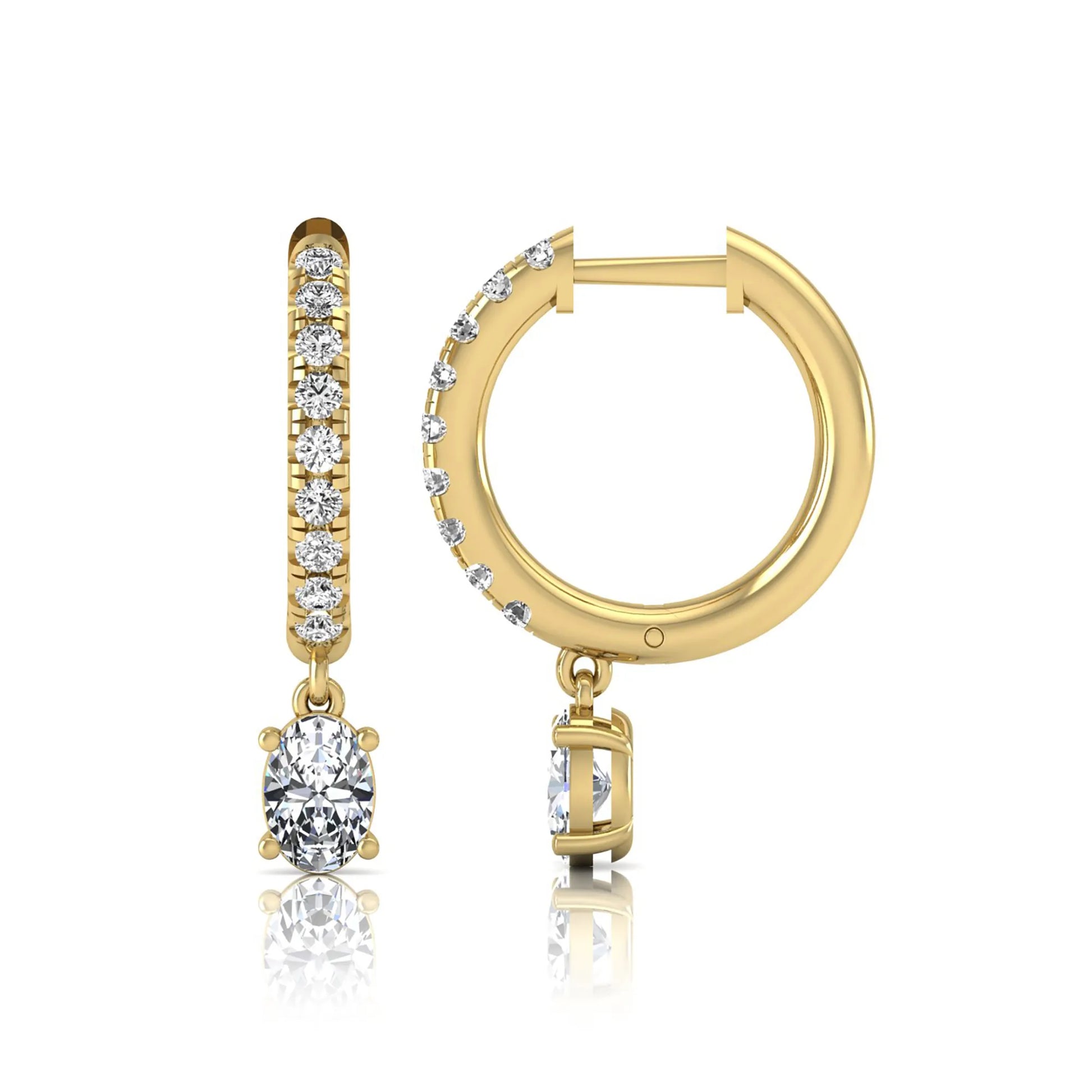 Round and oval cut lab grown diamond pavé drop huggie hoop earrings featuring sparkling round diamonds on the hoop, an oval diamond drop, hinged snap closure, and polished yellow gold tone finish.