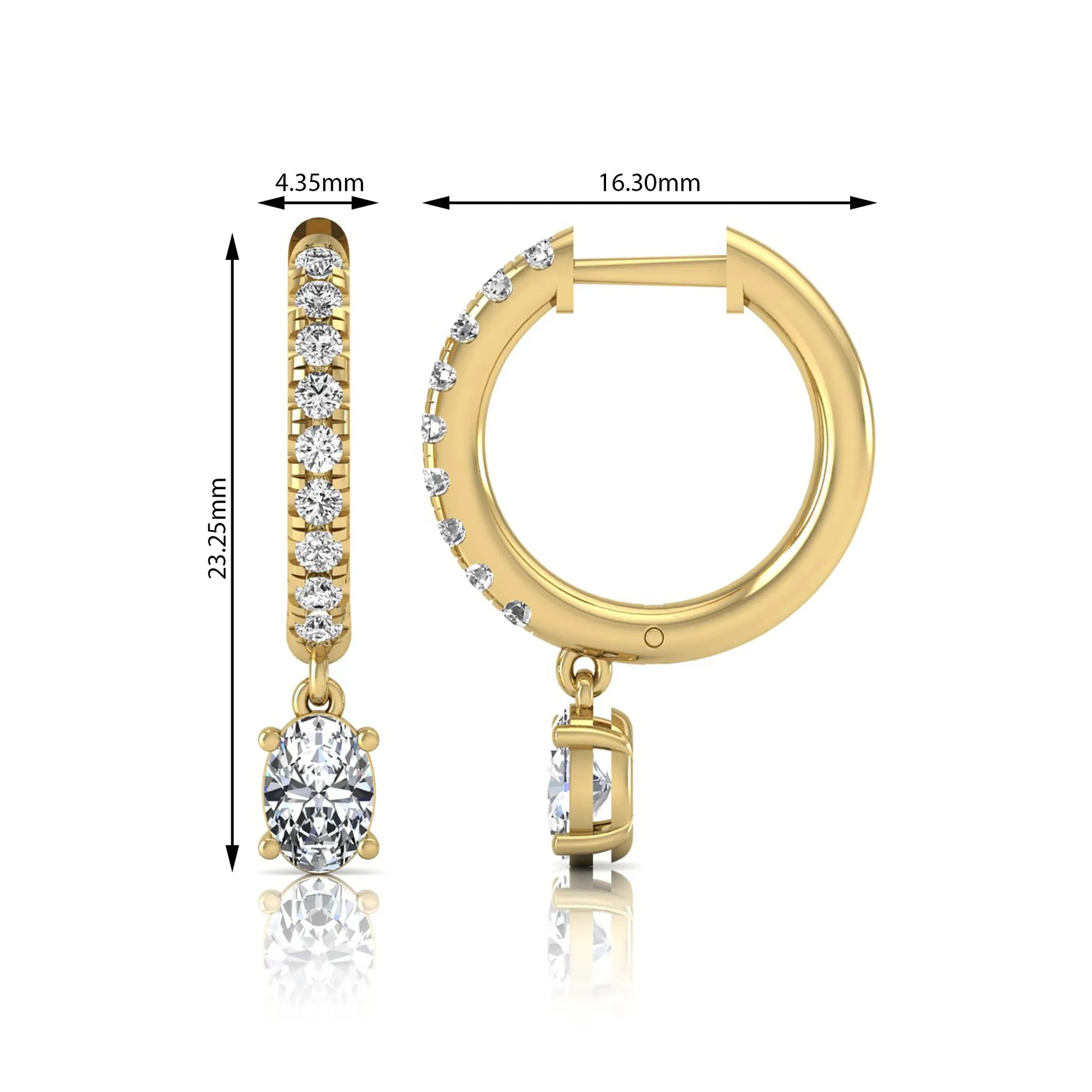 Round and oval cut lab grown diamond pavé drop huggie hoop earrings featuring sparkling round diamonds on the hoop, an oval diamond drop, hinged snap closure, and polished yellow gold tone finish.