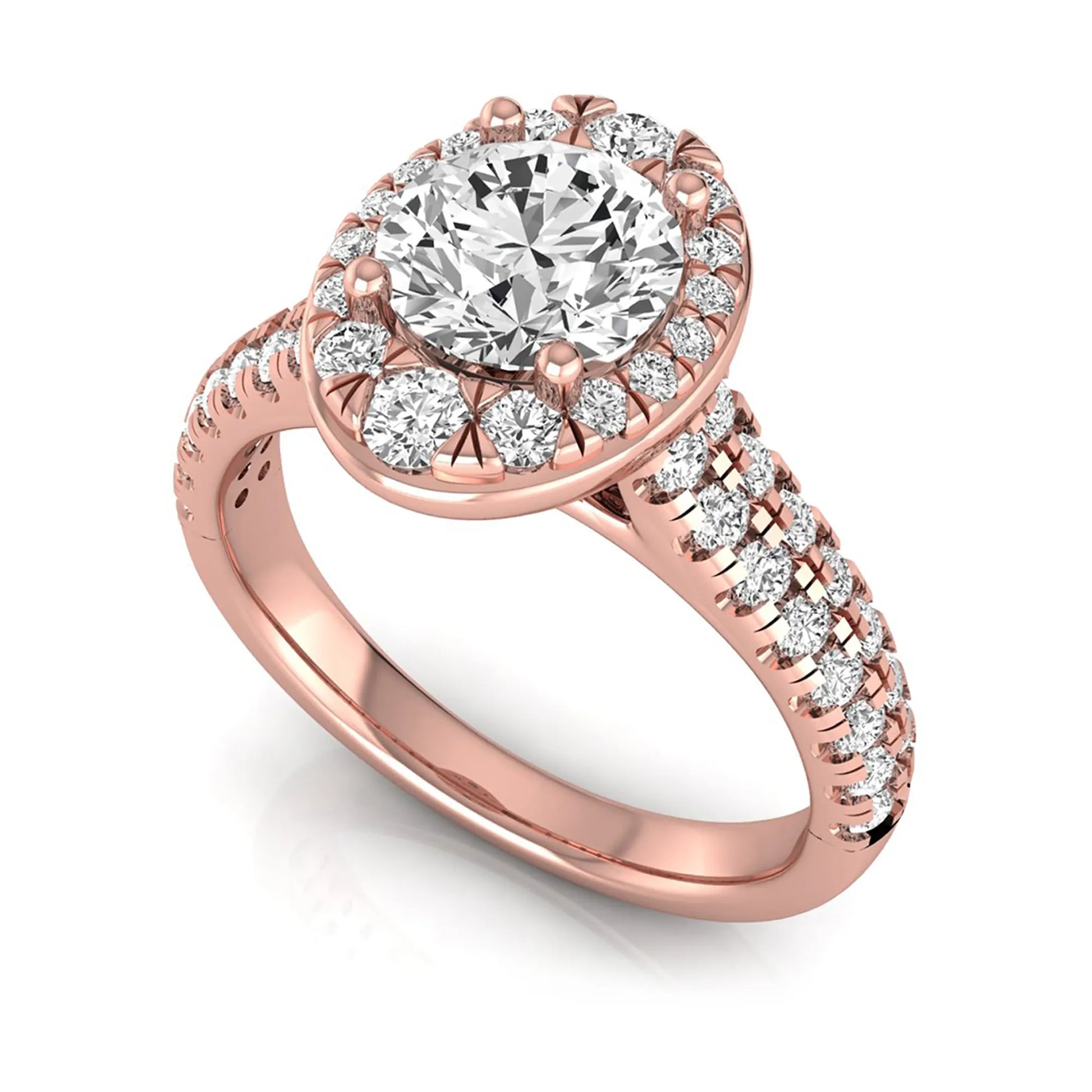 Round cut lab grown diamond engagement ring with an oval-shaped halo, double pavé side stones, and a rose gold style band.