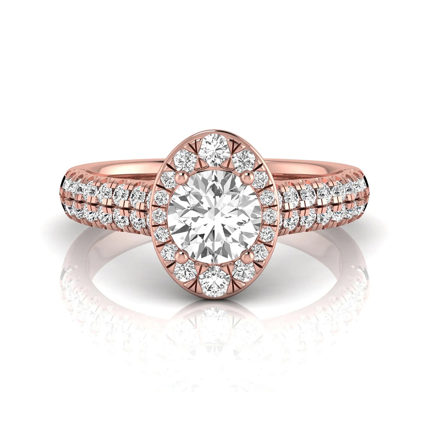 Round cut lab grown diamond engagement ring with an oval-shaped halo, double pavé side stones, and a rose gold style band.