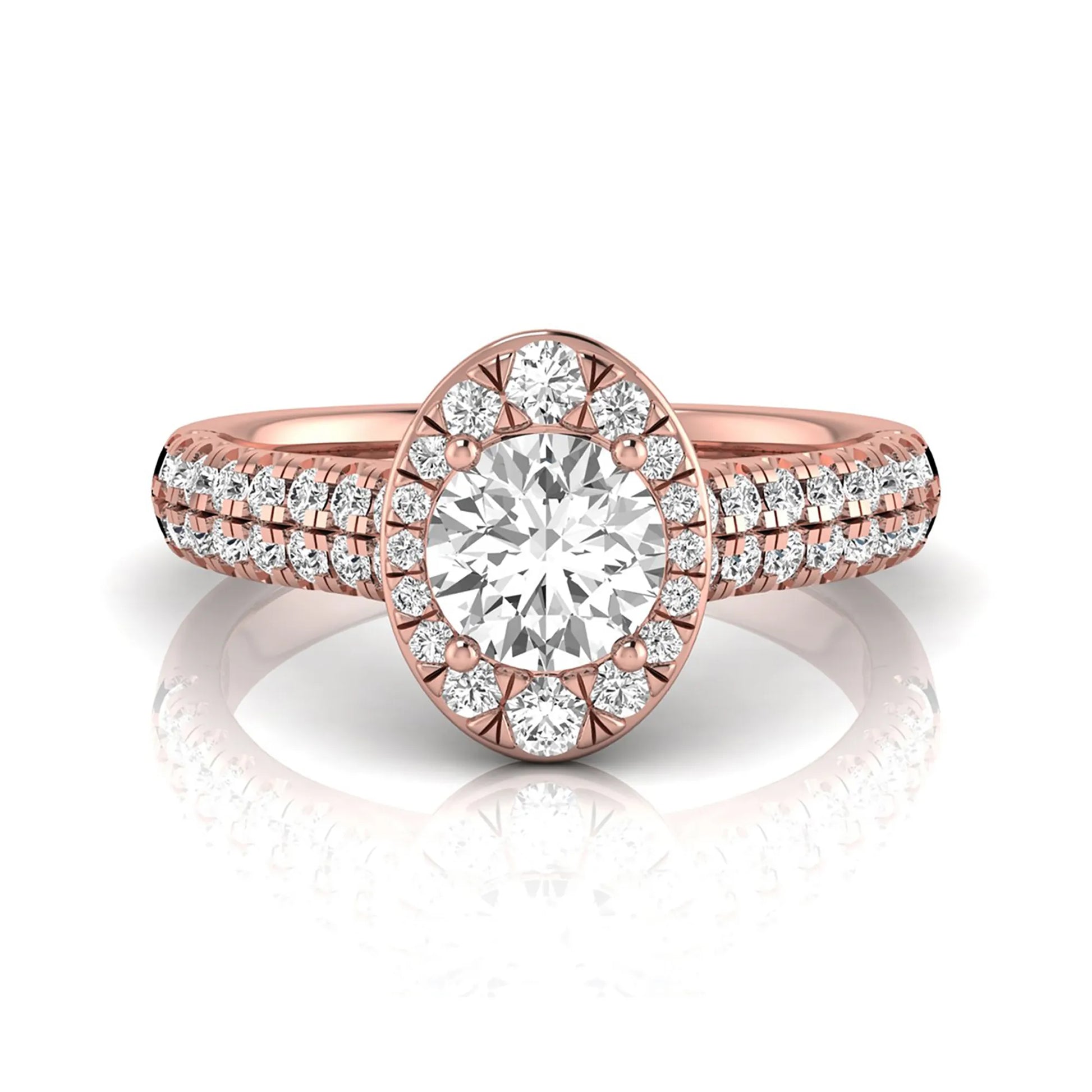 Round cut lab grown diamond engagement ring with an oval-shaped halo, double pavé side stones, and a rose gold style band.