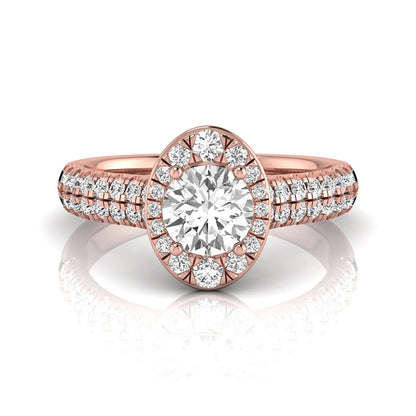 Round cut lab grown diamond engagement ring with an oval-shaped halo, double pavé side stones, and a rose gold style band.