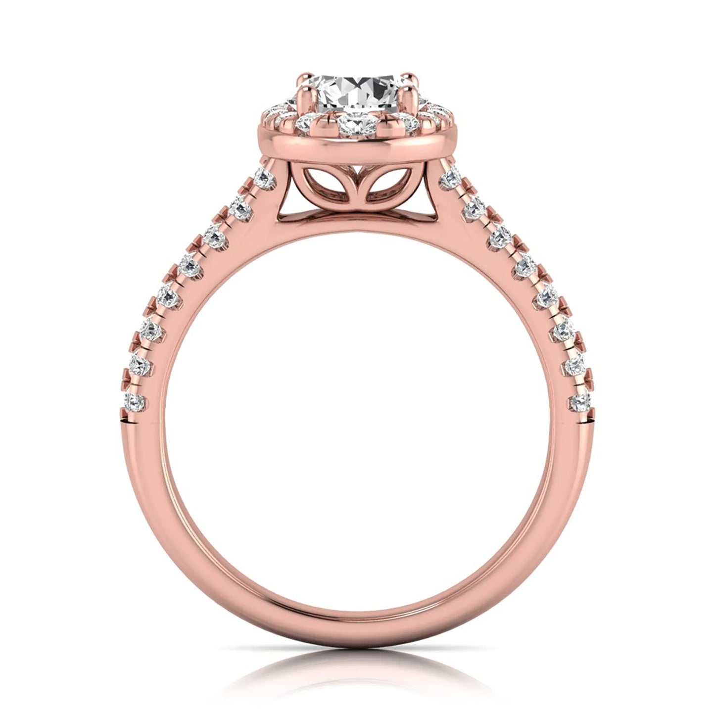 Round cut lab grown diamond engagement ring with an oval-shaped halo, double pavé side stones, and a rose gold style band.