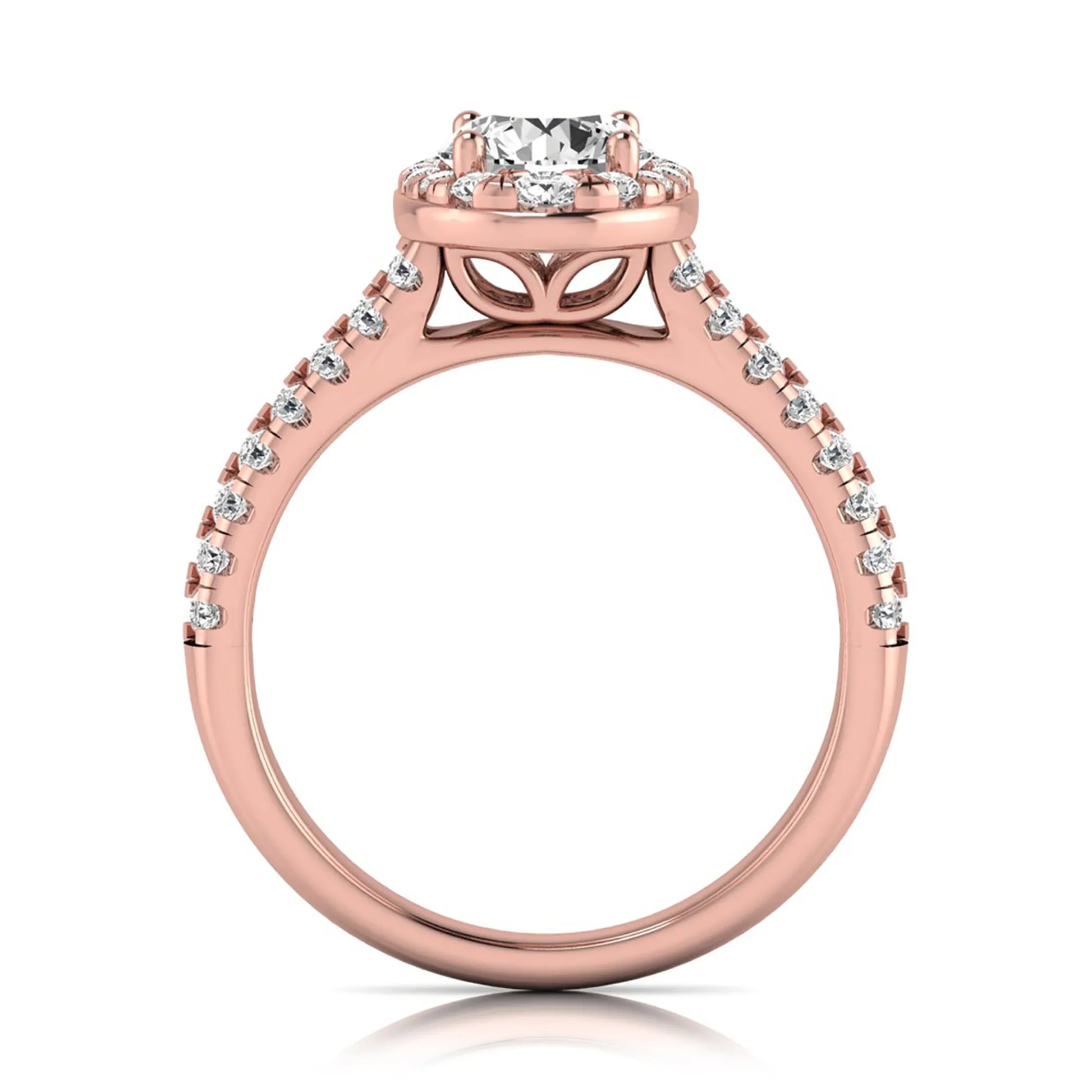 Round cut lab grown diamond engagement ring with an oval-shaped halo, double pavé side stones, and a rose gold style band.