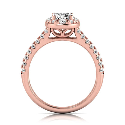 Round cut lab grown diamond engagement ring with an oval-shaped halo, double pavé side stones, and a rose gold style band.