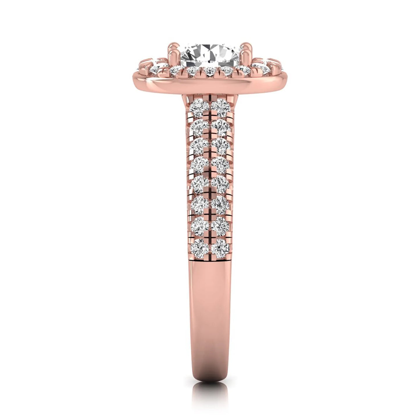 Round cut lab grown diamond engagement ring with an oval-shaped halo, double pavé side stones, and a rose gold style band.