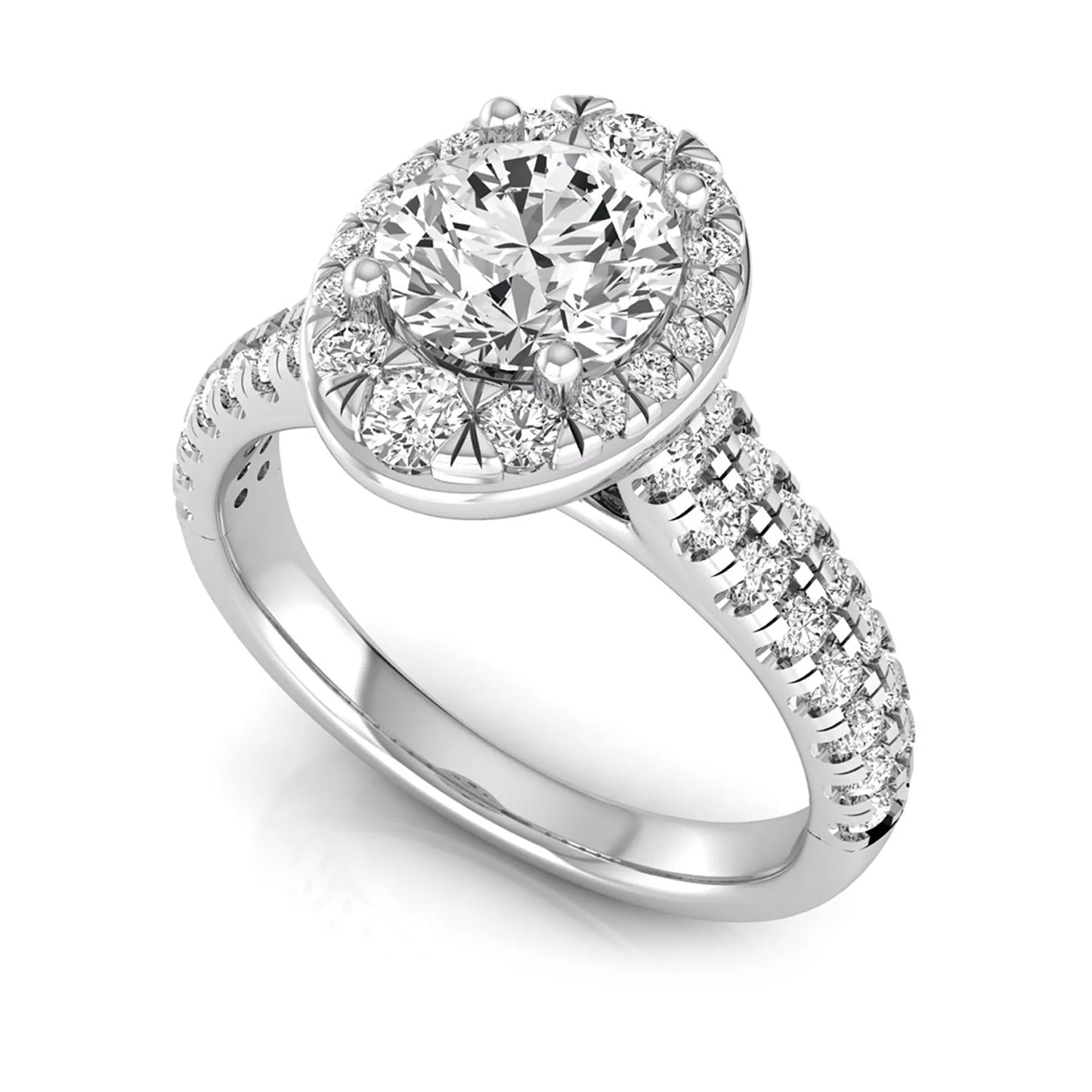 Round cut lab grown diamond engagement ring with an oval-shaped halo, double pavé side stones, and a white gold style band.